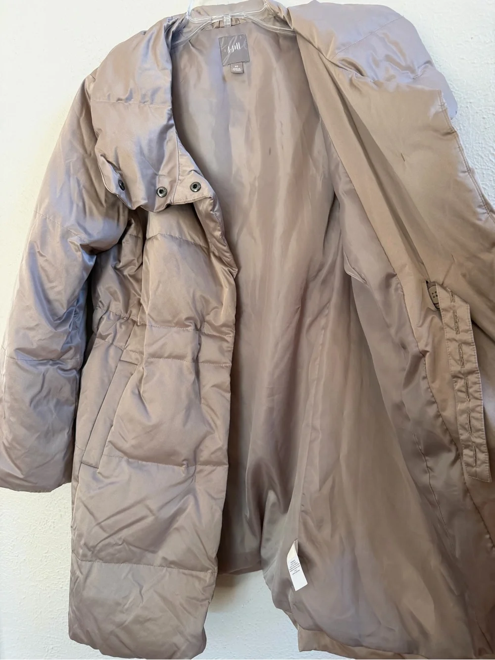 J Jill taupe puffer down fill adjust waist straps parka